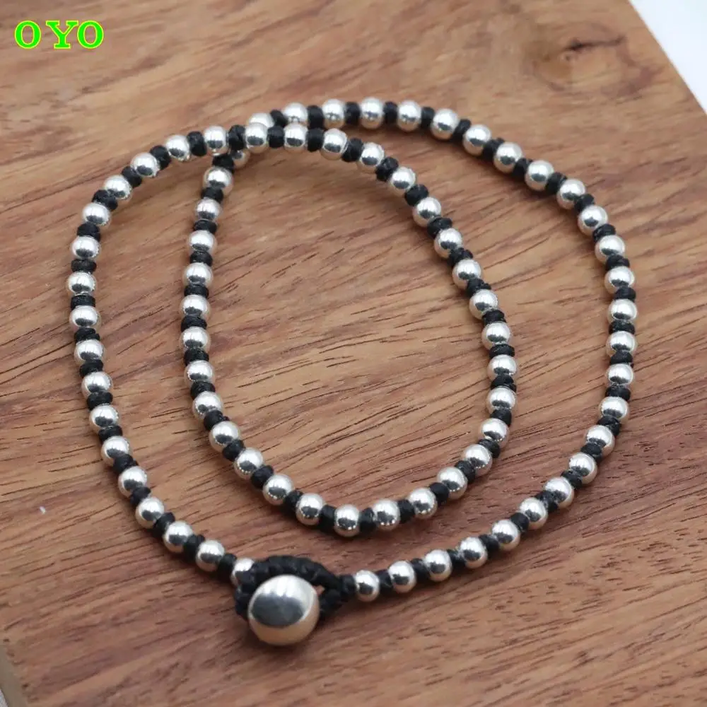 

Thai wax rope s925 sterling silver 4mm round ball clavicle necklace men and women wild simple hand-woven sweater with chain