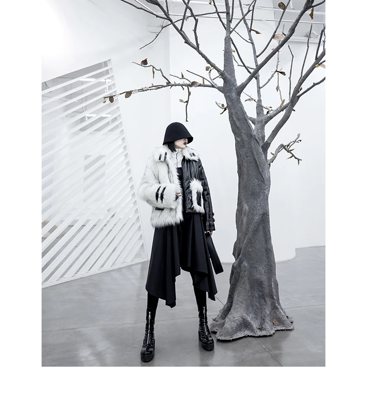[DEAT]Loose Fit Leather Spliced Hit Color Warm Woolen Coat Parkas New Lapel Long Sleeve Women Fashion Autumn Winter 13E858