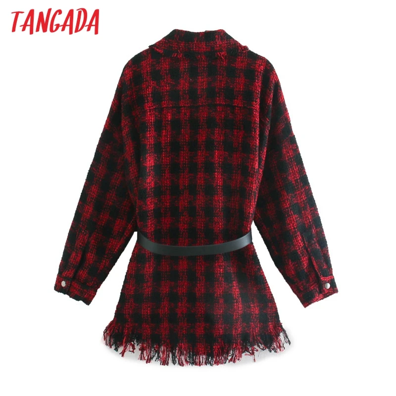 

Tangada Women Red Plaid Pattern Thick Coats With Belt Loose Long sleeves pocket 2020 Ladies Elegant Autumn Winter coat 3H128