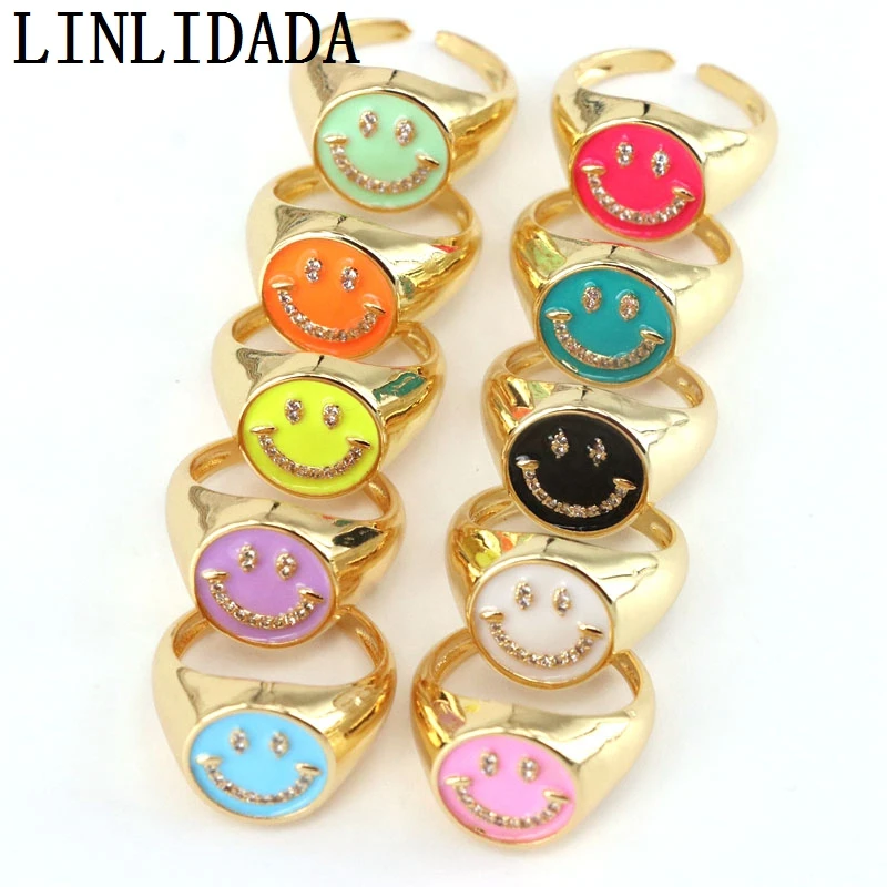 

8Pcs Hot fashion colorful enamel rings happy smiley face design ring jewelry cz micro pave summer jewelry