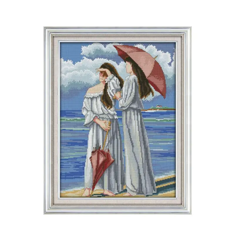 The beauty girls in the seaside cross stitch kit print canvas hand sew cross-stitching embroidery DIY handmade needlework | Дом и сад