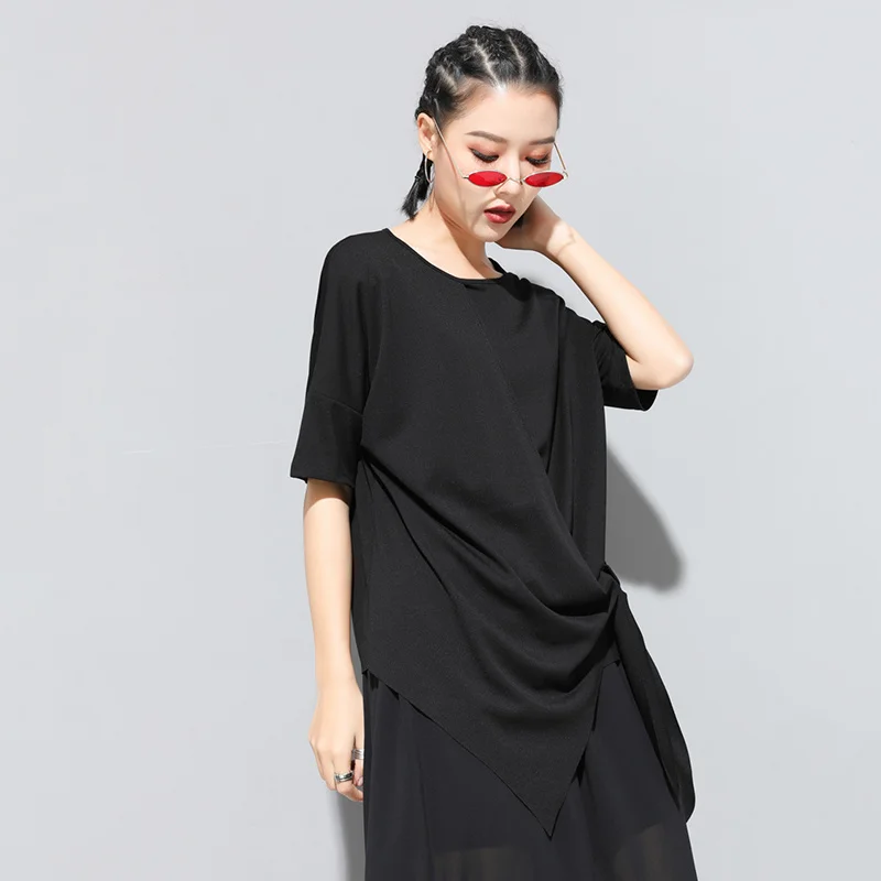

[EAM] 2021 New Spring Summer Round Neck Short Sleeve Black Hem Irregular Bandage Bow Big Size T-shirt Women Fashion Tide JS940
