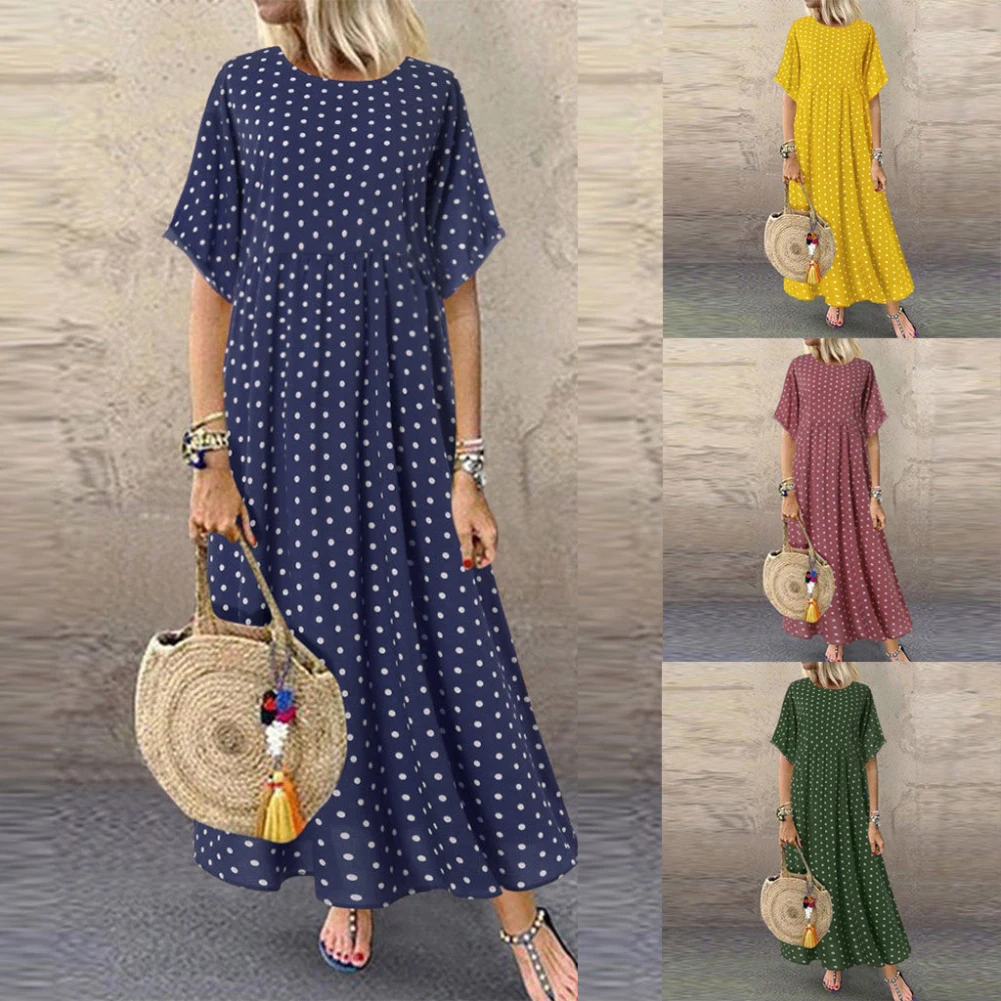 Женское свободное платье в горошек Повседневное Платье макси с круглым вырезом и