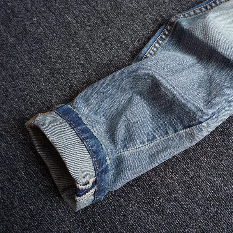 Korean Style Fashion Men Jeans Retro Light Blue Slim Fit Ripped Jeans Men Embroidery Designer European Street Denim Punk Pants