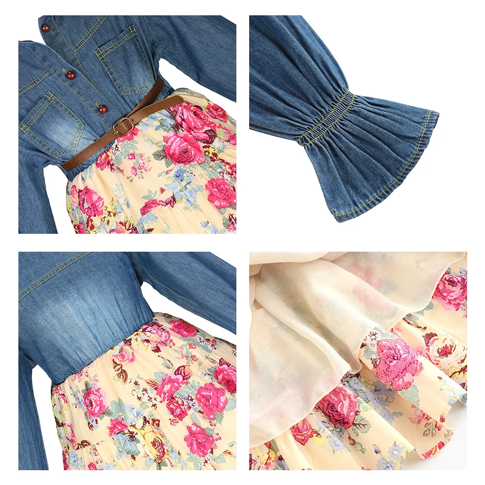

Autumn Fashion Girls Denim Floral Dress Jean Casual Summer Princess Dresses Lace Flowers Long Sleeve Kids Clothing Free Shipping