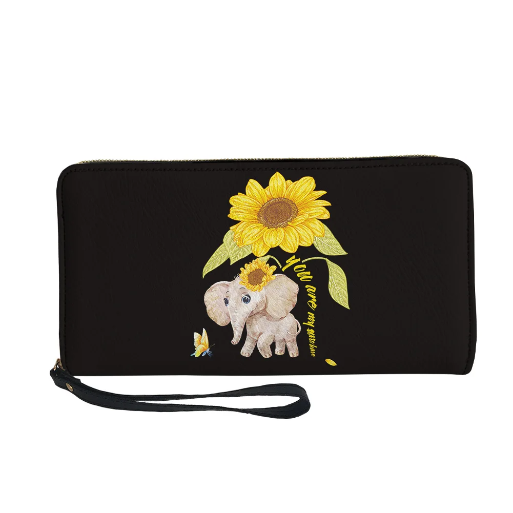 

Doginthehole, Женский мультяшный стиль, милый слон с подсолнухами и принтом бабочки, повседневный шоппинг, черный кошелек на молнии