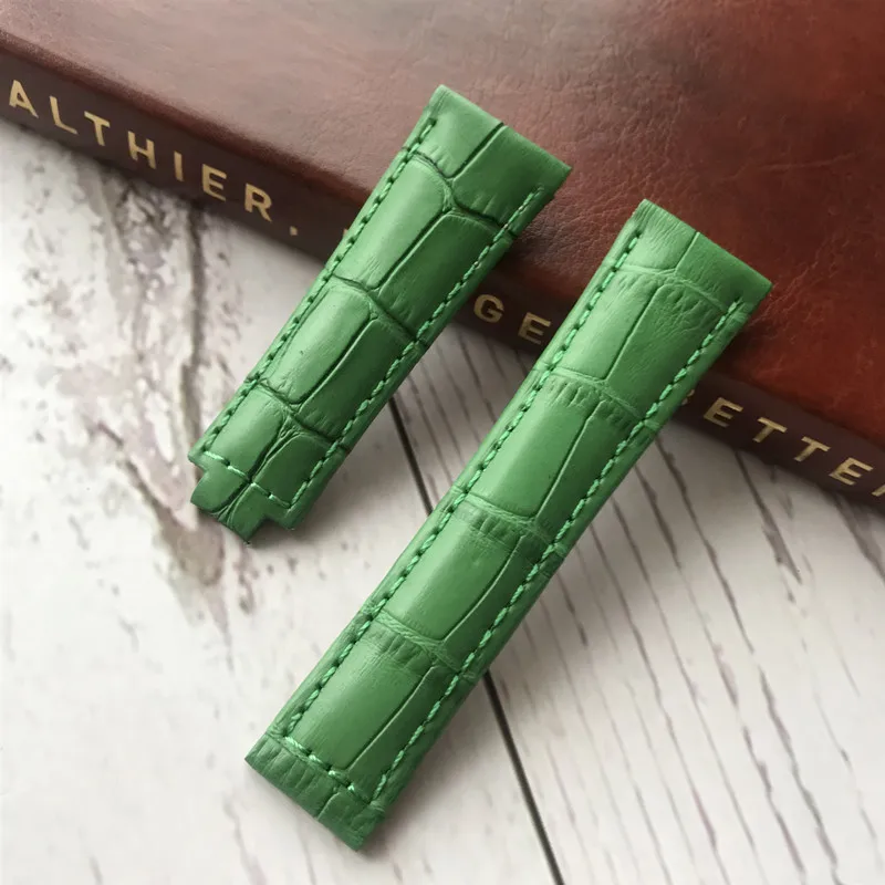 MERJUST Высокое качество 20 мм кожаный ремешок для ROX SKY-DWELLER submariner MILGAUSS Daytona мужской браслет черный зеленый синий коричневый - Цвет ремешка: Green no clasp