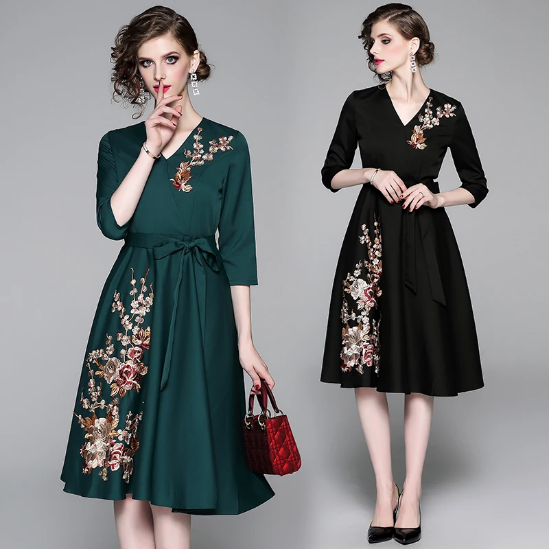 

Vogue V-Neck Floral Embroidery Formal Elegant Party Dress Women 2019 Autumn V-Neck Bow Tied Slim Waist Fashion Vestidos Feminios