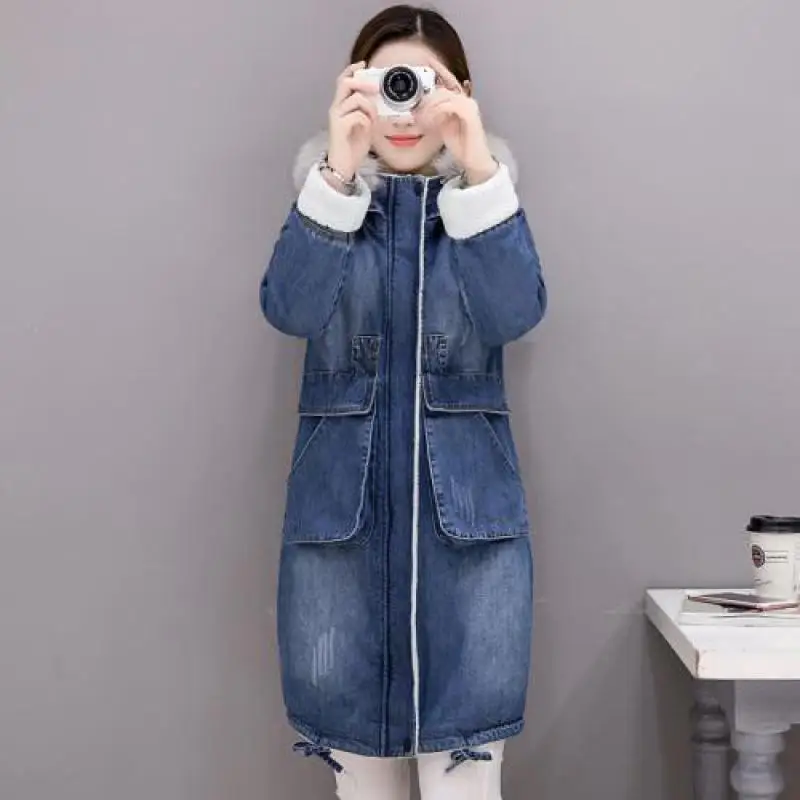 Женское модное джинсовое пальто новинка 2019 зимняя теплая парка с длинным рукавом