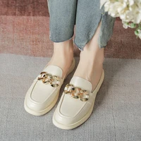 slippers women brand cover toe metal chain shoes ladies pantufa mules solid leather slides woman slip on low heel flats slippers