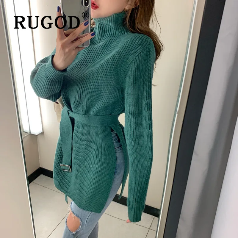 RUGOD элегантный вязаный женский свитер корейский шик рукав-фонарик на шнуровке