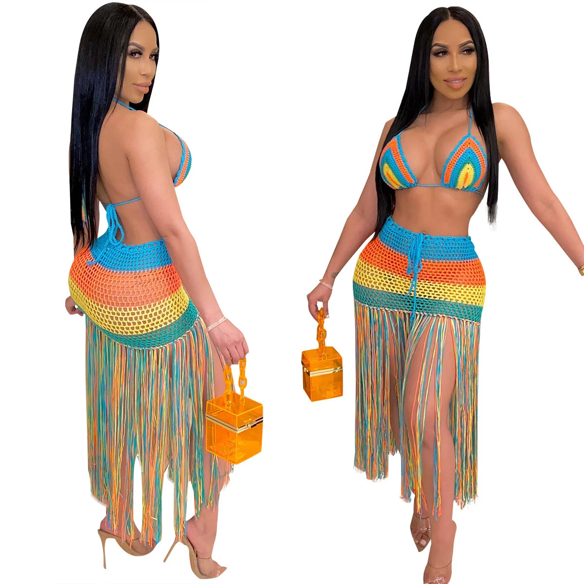 

Cutubly Tassel Skirt Bikini Swimsuit Color Swimsuit Women Casual Halter Bra Top Knitted Beach Club Sexy Two Piece Bathing Suit
