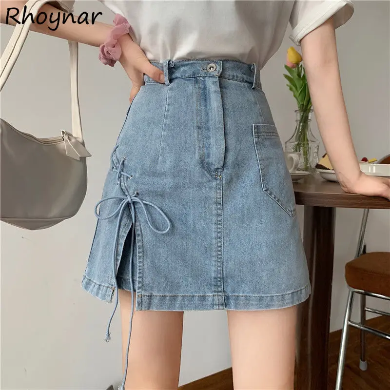 

Юбка женская джинсовая трапециевидная, универсальная с разрезом сбоку, с бантом, уличная мягкая винтажная, дышащая, в стиле ампир, для отдых...