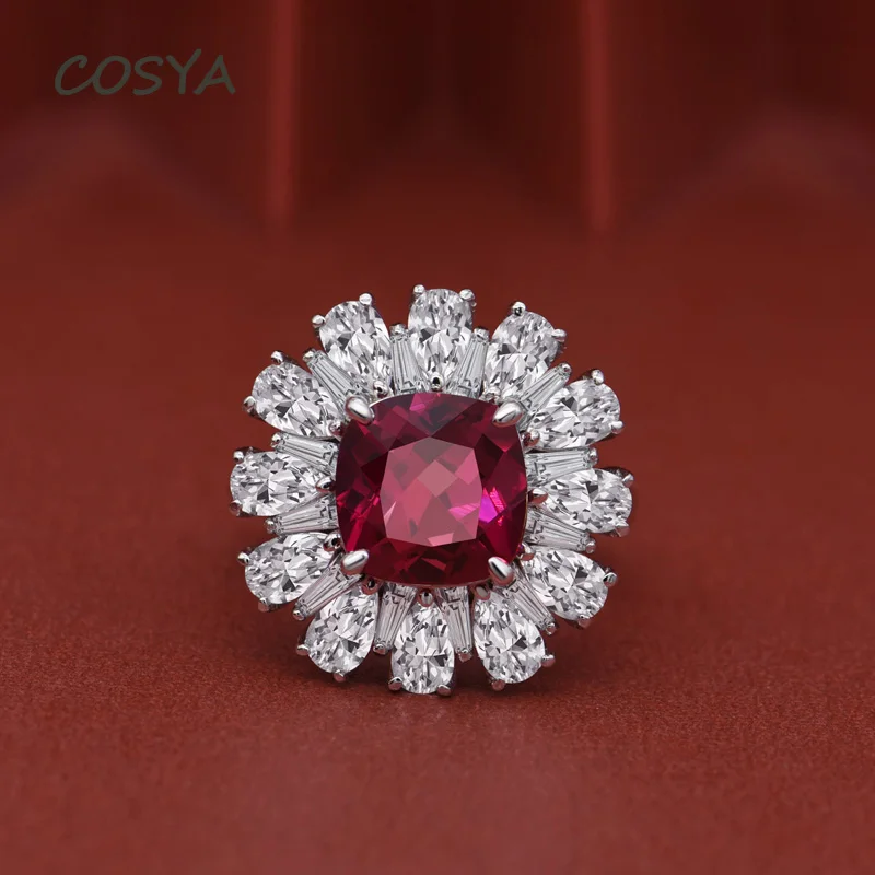 

COSYA 100% 925 пробы серебро 9*9 мм квадратный Рубин высокоуглеродистой Diamond Юбилей Кольца Ретро блестящие вечерние, хорошее ювелирное изделие, под...