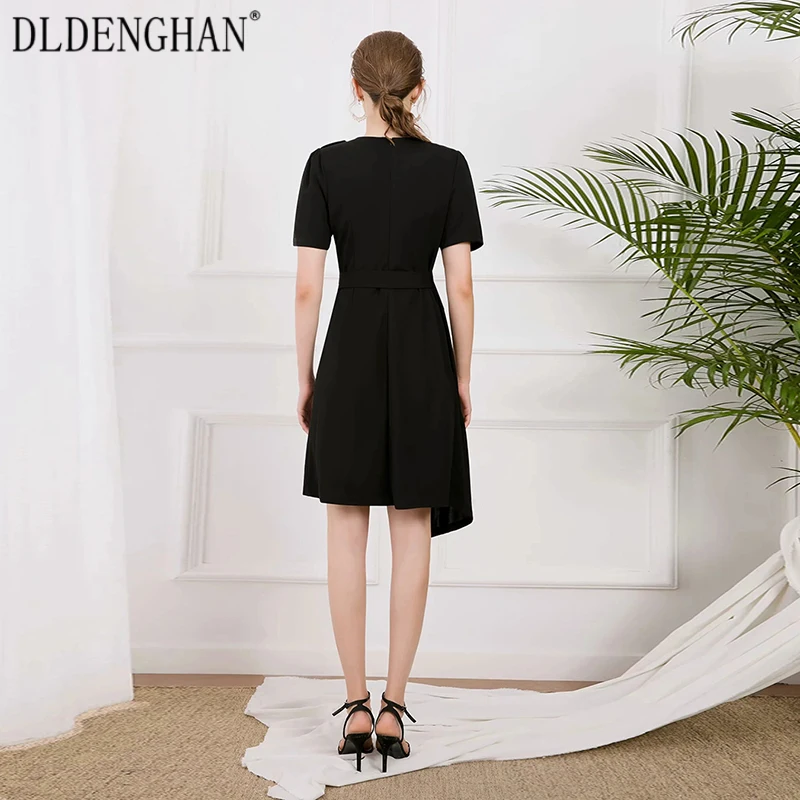 

DLDENGHAN Designer Vintage Embroidery Dress Women Stand-Up Collar Short Sleeve Elegant Asymmetrical Dresses Spring Autumn New