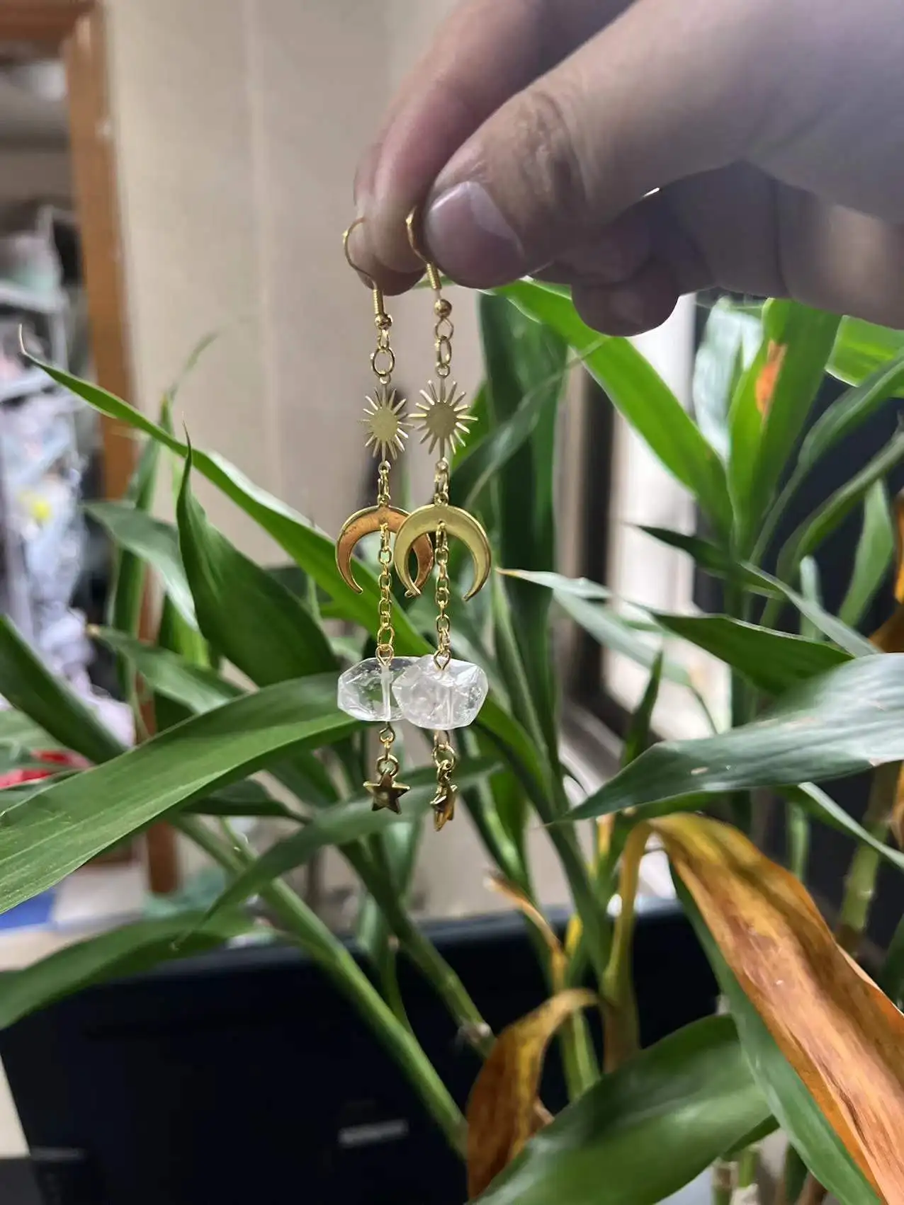 Серьги-Подвески ручной работы с натуральным кристаллом в бразильском стиле |