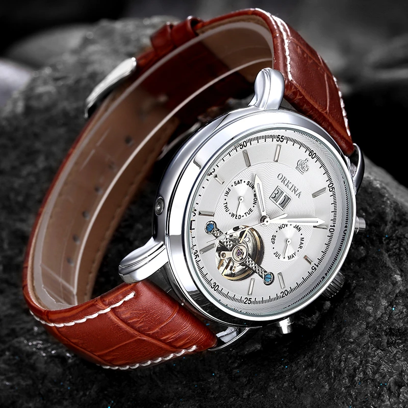 Мужские автоматические механические часы с ремешком из натуральной кожи |