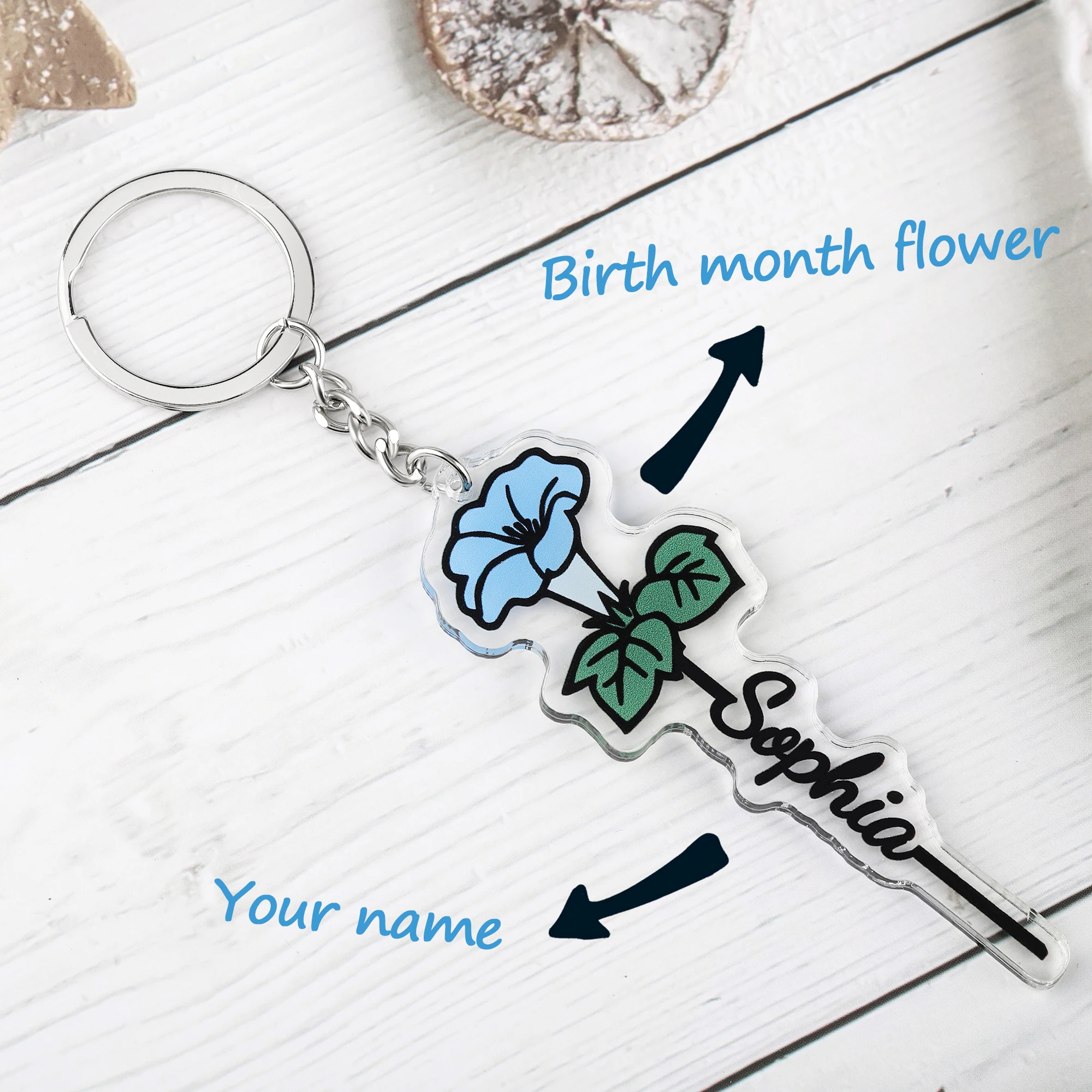 

Personalized Birth Flower Acrylic Keychain Customized Name Birthday Memorial Gift For Women Girls Engraved Floral Charm Key Ring