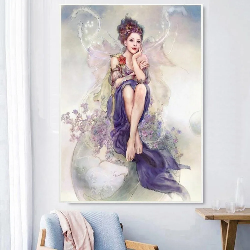 

DIY Full Drill Diamond Painting Cross Stitch Butterfly Elf Girl Printed Draw Rhinestones Embroidery