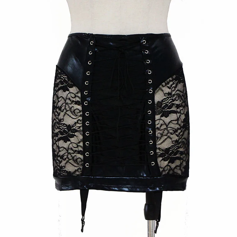 Женская Черная Цветочная кружевная юбка кожаная с гидроидом короткие