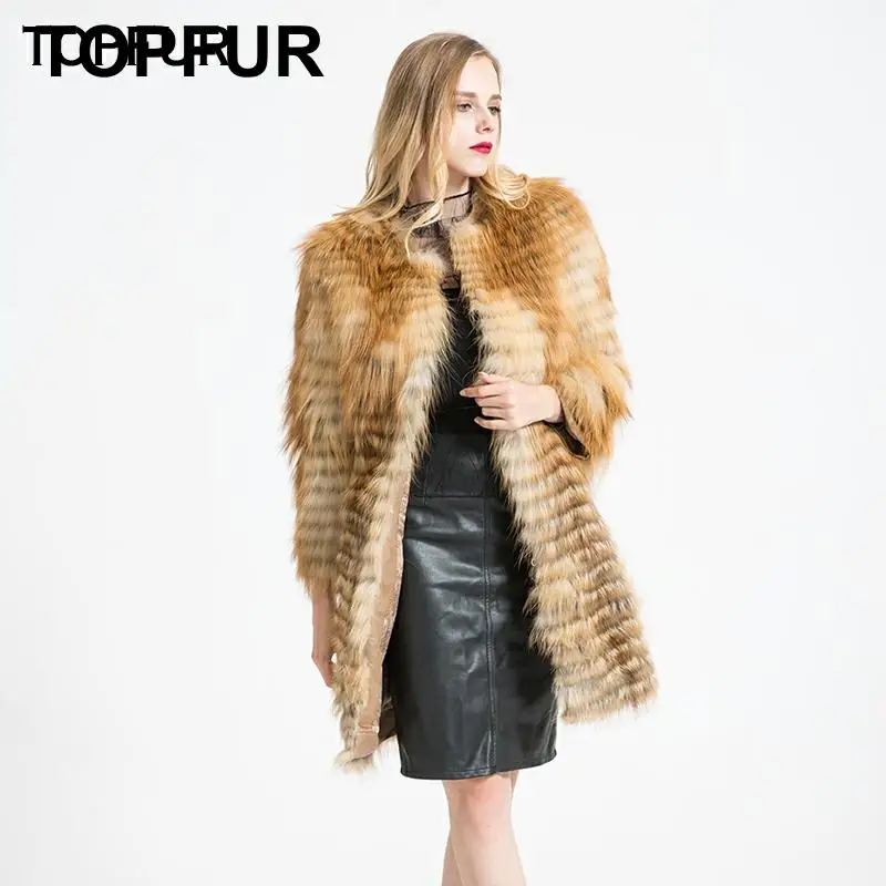 Женское пальто с натуральным лисьим мехом TOPFUR длинное круглым вырезом и на