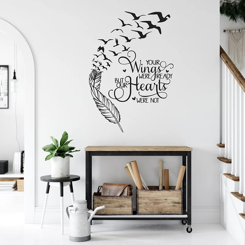 

Inspirational Wall Decal Quote Your Wings Were Ready Feather with Birds Wall Stickers Vinyl Home Decor Living Room Bedroom S474