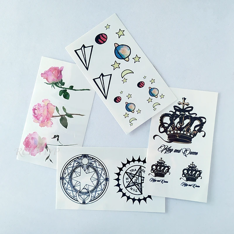 Водостойкая Временная тату-наклейка розовый цветок корона самолет планета