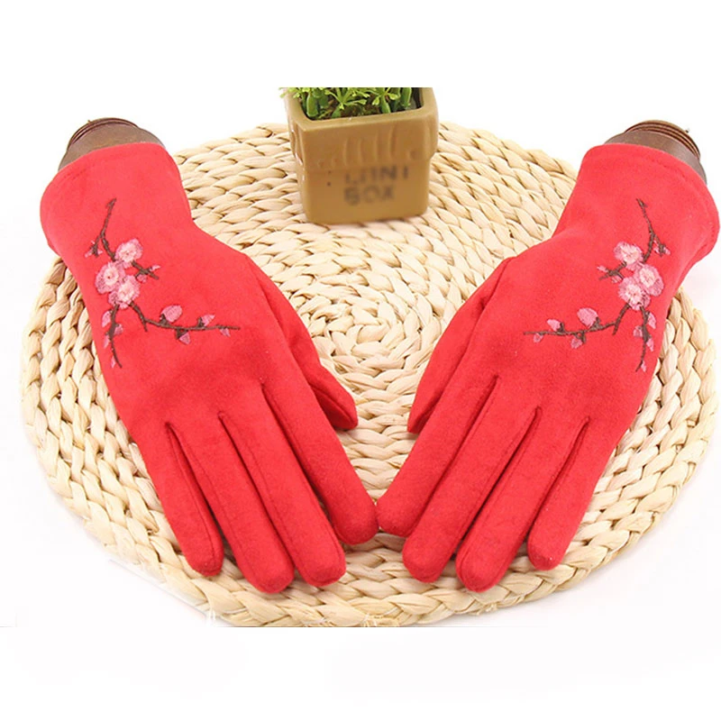 

Suede Leather Gloves Warm Cashmere Plus Velvet Touch Screen Driving Gloves Full Finger Plum Blossom Embroidery Mittens 1 Pairs
