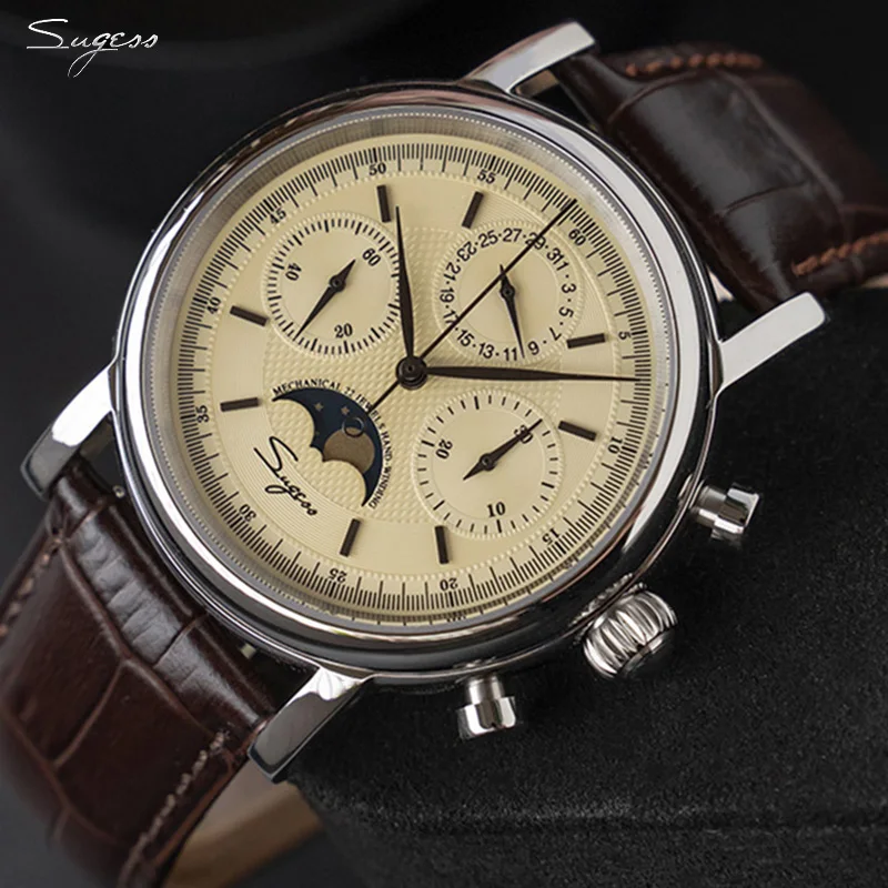 

SUGESS Vintage Dial Sapphire Crystal Men's Watch Seagull ST1908 Hand Winding Movement Mechanical Moon Phase Function Watches