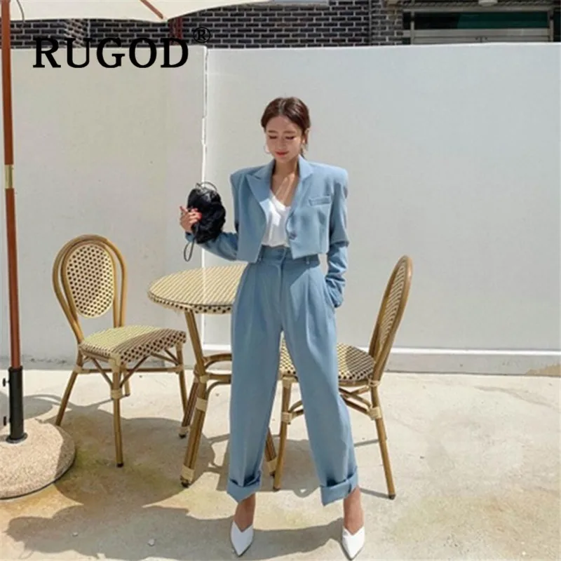 RUGOD, новинка, Осенний Блейзер, набор, зубчатый, на одной пуговице, короткая куртка, на пуговицах, тонкие брюки, модные, женские, элегантные, для офиса