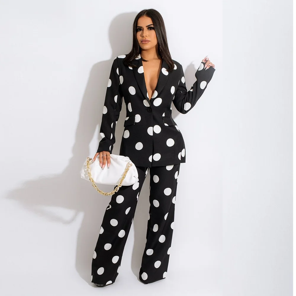 

Black White Polka Dot Print Women's Blazer Suits Casual Notched Long Sleeve Jacket and Straight Loose Trouser Streetwear Outfits