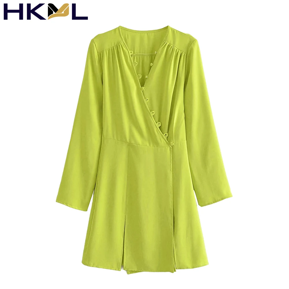 

Women Fashion With Buttons Soft Touch Wrap Mini Dress Vintage Long Sleeve Slit Hem Female Dresses