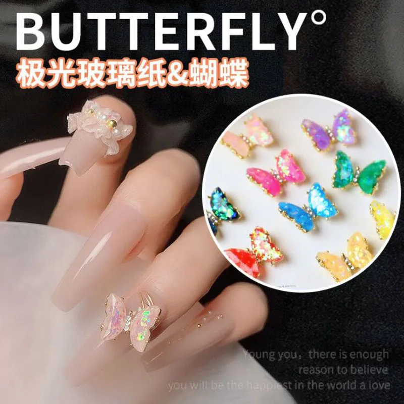 

1pcs adet kristal kelebek alaşım Nail Art süslemeleri Aurora 3D kelebekler Rhinestones takı DIY manikür aksesuarları