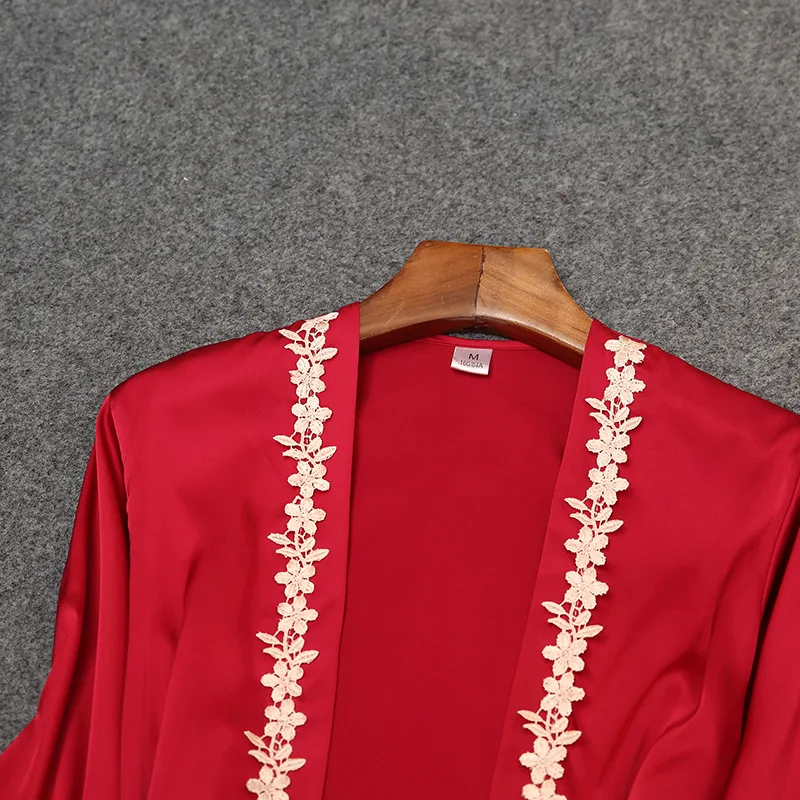 

Satin Sleepwear Women 4 Piece Robe Set Nightwear 2021 New Faux Silk Pajamas Set Lace Kimono Gown Breathable Home Dressing Gown