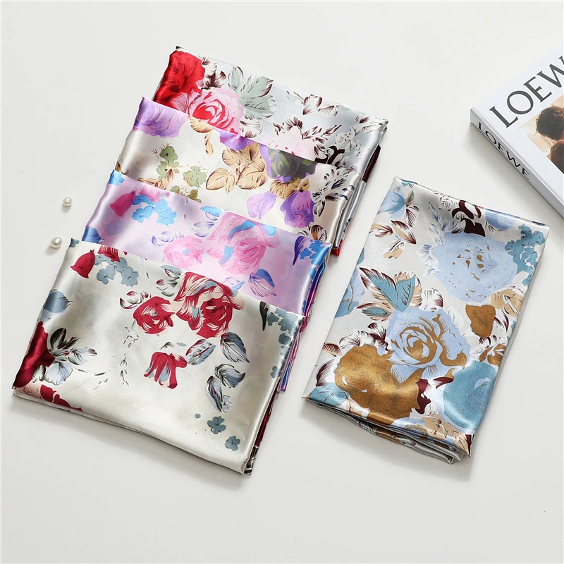 

2021 Print Square Scarf Silk Hijab Women Headband Neckerchief Fashion Floral Bandana Muffler Hair Shawl Female Foulard Turban