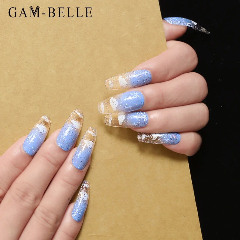 

Искусственные ногти AM-BELLE, искусственные ногти с дизайном, искусственные ногти с блеском и белыми облаками, украшение