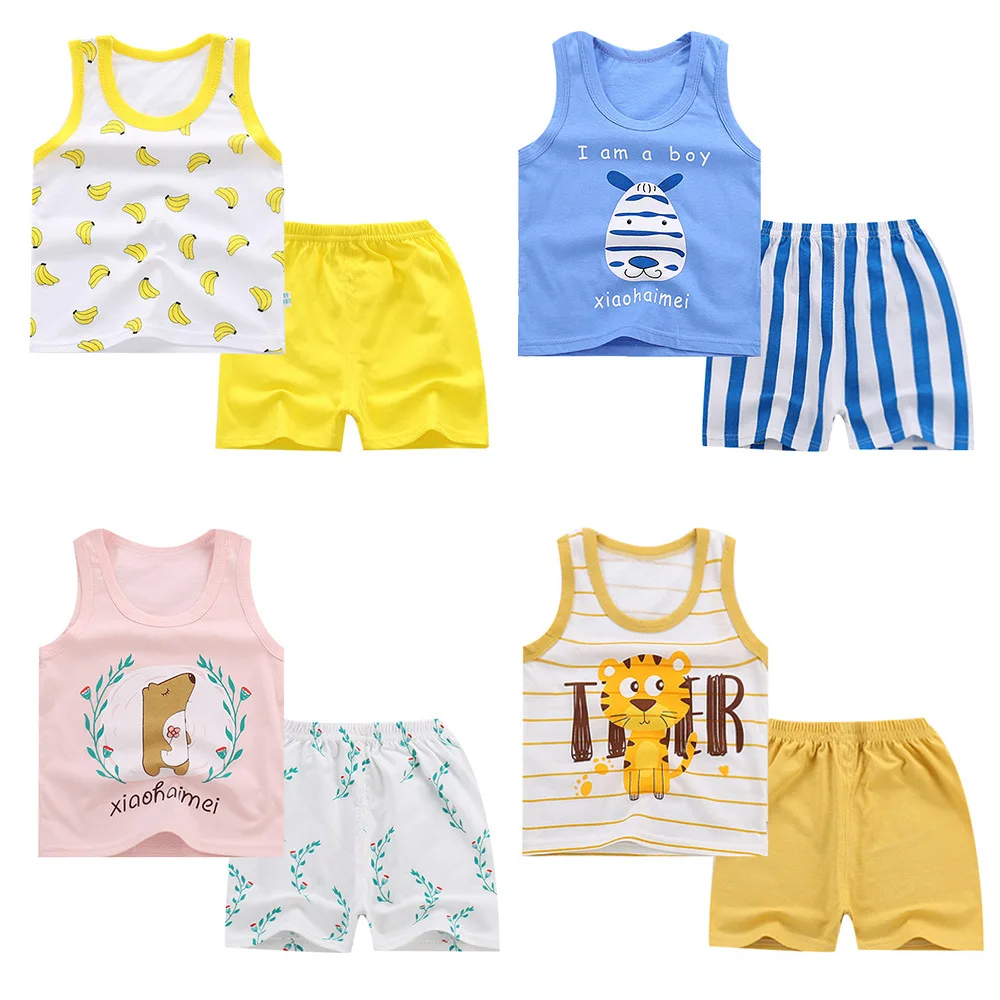 

2021Summer Cute Cartoon 2PCS Kids Baby Boys Girls Cartoon Vest Top Shorts Pants Set Clothes Children Pajamas Girls Clothing Sets