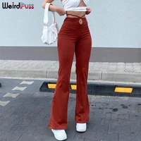 weird puss casual bandage women y2k flare pants skinny belly button high waist trousers stretch wild streetwear autumn bottoms