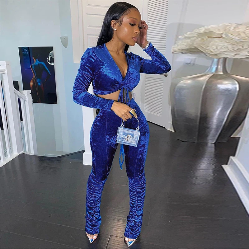 

Velvet Stacked Leggings Set Women Tracksuit Sexy Party Nightclub Set V Neck Crop Top Pleated Pants Two-Piece Set Items Wholesale