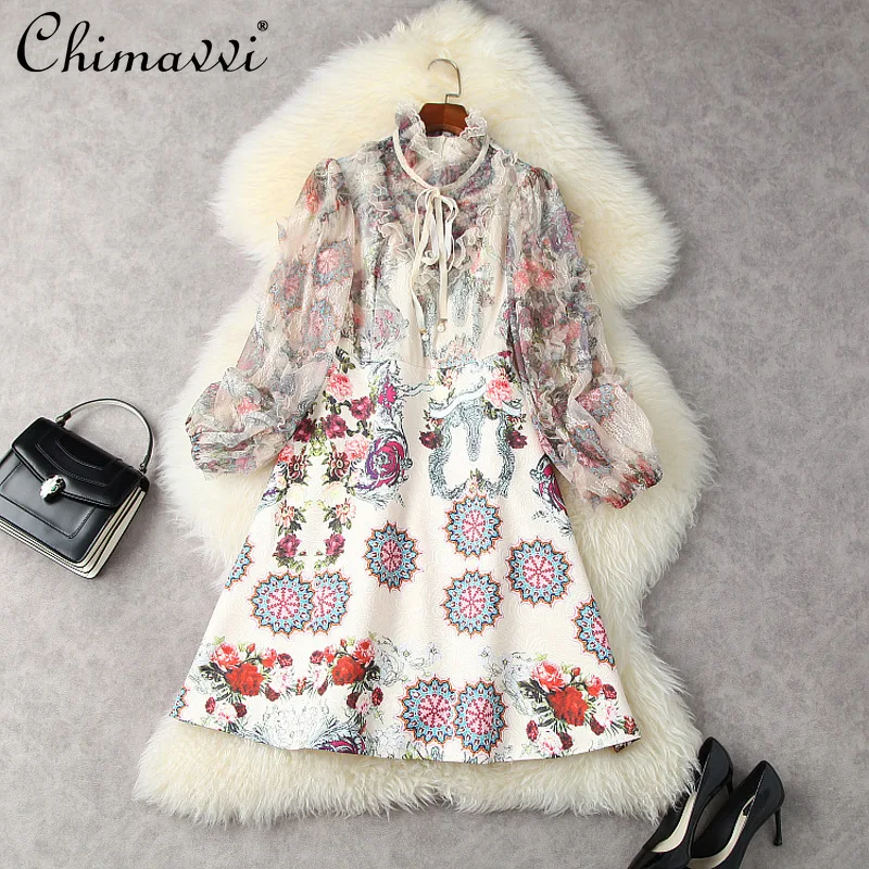 

2021 Fall Women's Clothing Fashion Stringy Selvedge Lace Stitching Printing Dress Feminine High Waist Slimming A- Line Dress