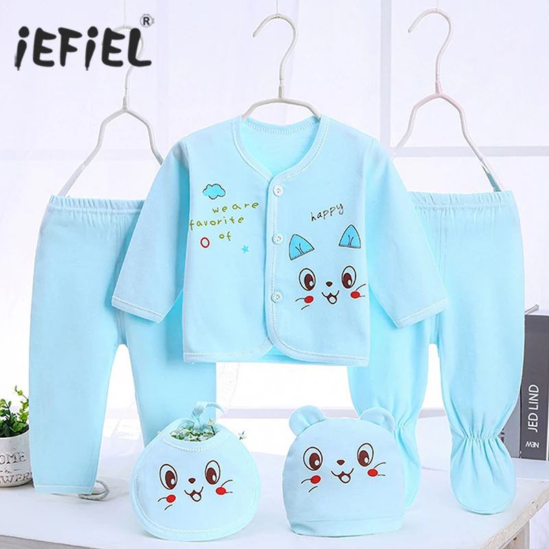 

Newborn Infant Baby Boys Girls Clothes Sets Tops Pants Bibs Hats Clothing Set for Baby Cartoon Outfit 5Pcs Soft Cotton Gift Set