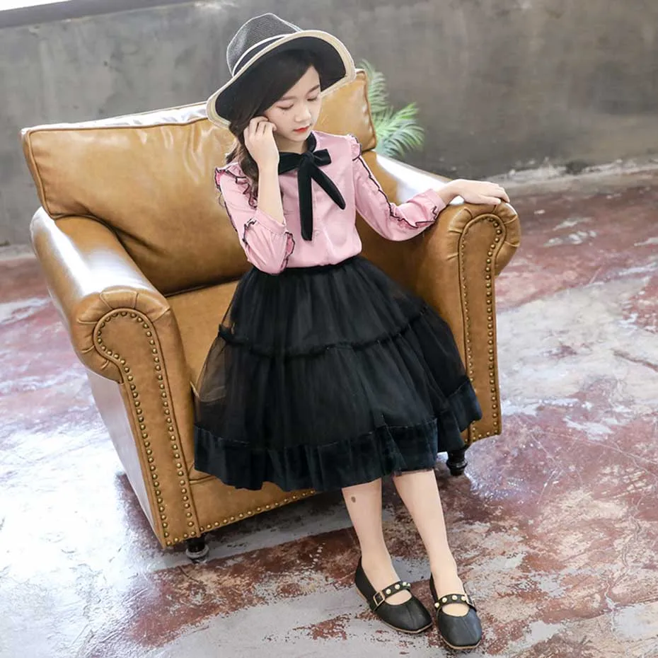 Подростковая одежда рубашка с оборками + юбка в сеточку комплект из 2 предметов