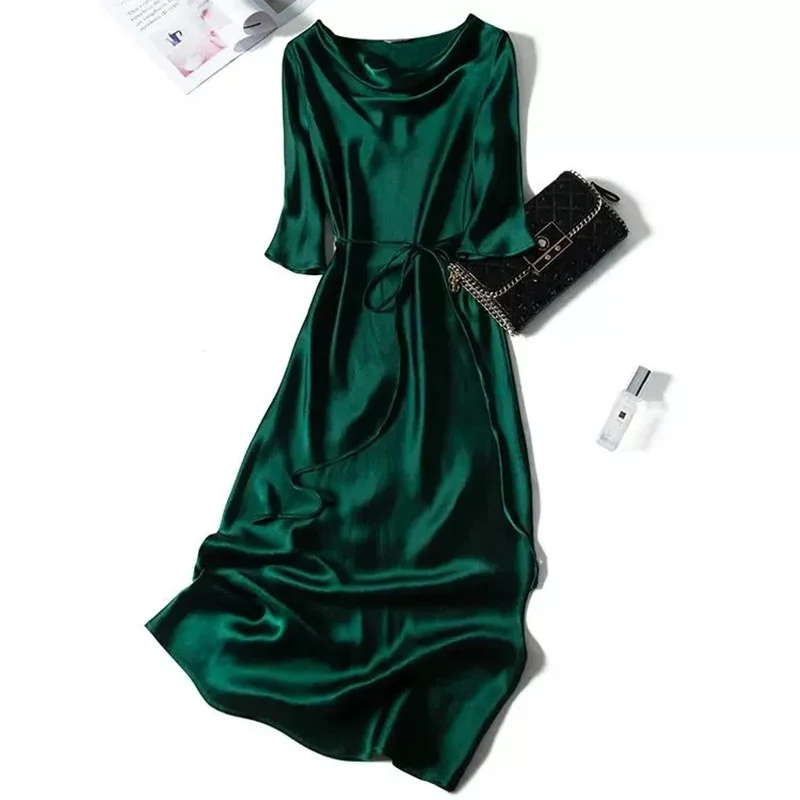 

Женское атласное платье из ацетатного волокна, Новое Стильное Модное Элегантное Простое Повседневное платье средней длины в обтяжку для ос...