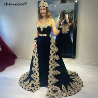 chenxiao navy blue velour evening dresses scoop neck illusion full sleeve gold appliques with detachable train saudi arabia