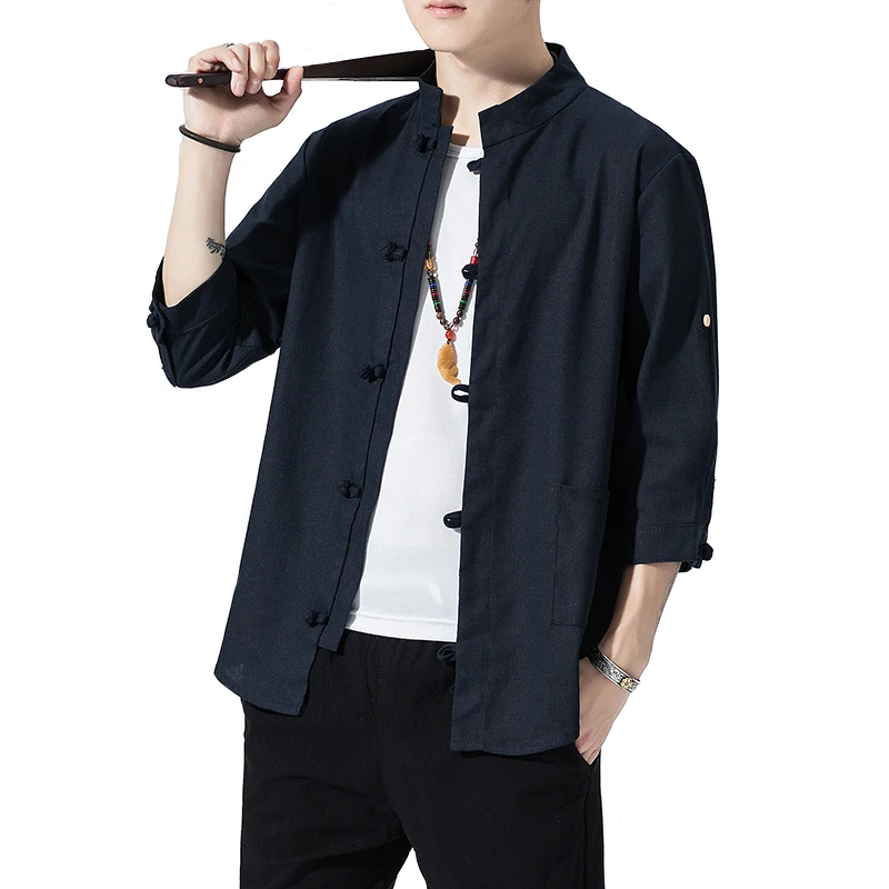 Мужские рубашки с длинным рукавом в китайском стиле однотонная Повседневная