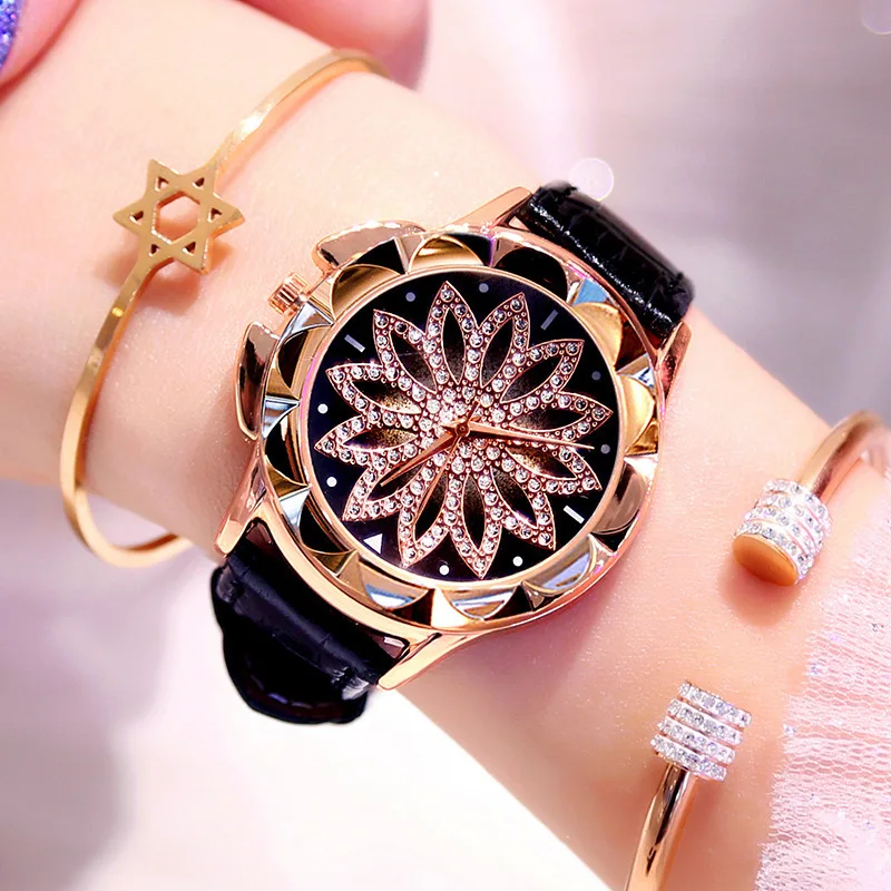 

1PCs Rhinestone Women Quartz Watches Ladies Watch Leather Big Dial Crystal Diamond Flower Clock Fashion Bracelet Wrist Watch