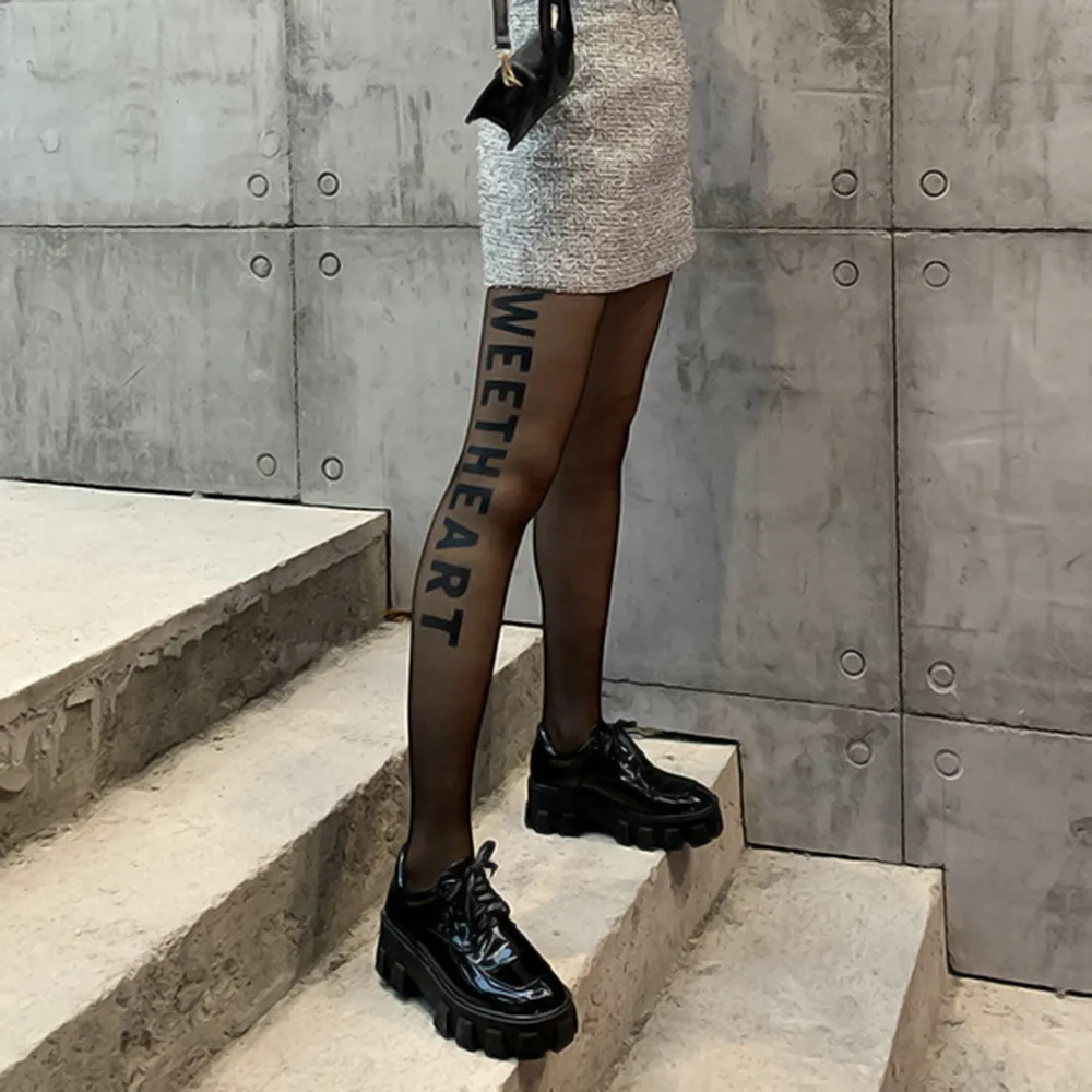 PUIMENTIUA Black Letter Tattoo Tights Women Nylon Transparent Sexy Stockings Sheer Footed Character Pantyhose Dance Club | Женская