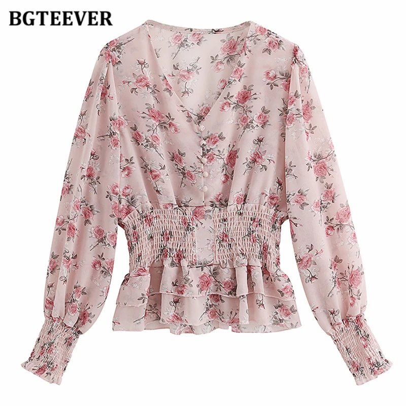 

BGTEEVER V-neck Women Floral Shirts Blouses Vintage Full Sleeve Elastic Waist Female Chiffon Shirts 2021 Summer Ladies Tops