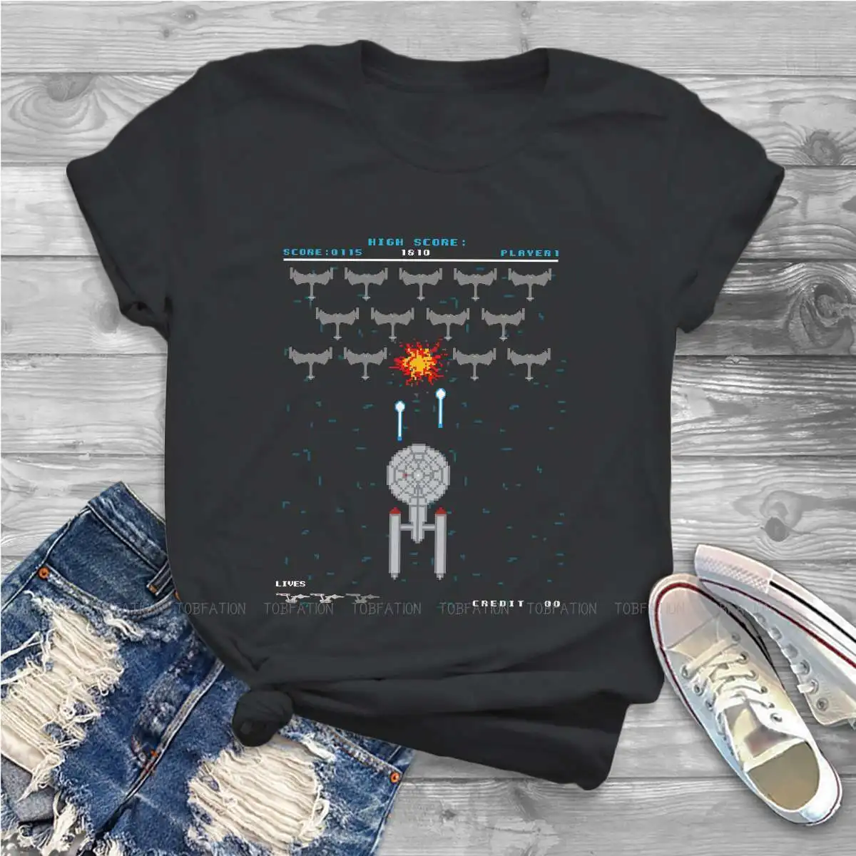 

Pixel Art сцена битвы классическая женская одежда Звездный путь женские футболки винтажные графические свободные топы Футболка кавайная уличн...