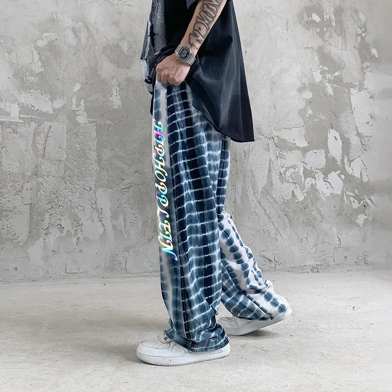 

High Street Men's Tie-Dye Wide Leg Pants Reflective Letter Printing Tide Brand High Waist Pants Loose Straight Casual Pants Men